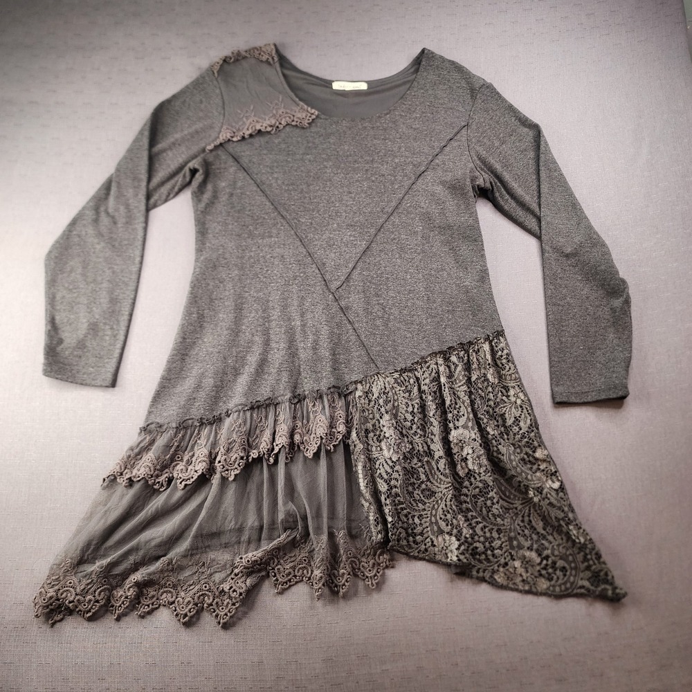 Indigo Soul Grey Layered Lace Tunic Dress Boho Long Sleeve Feminine Embroidery M